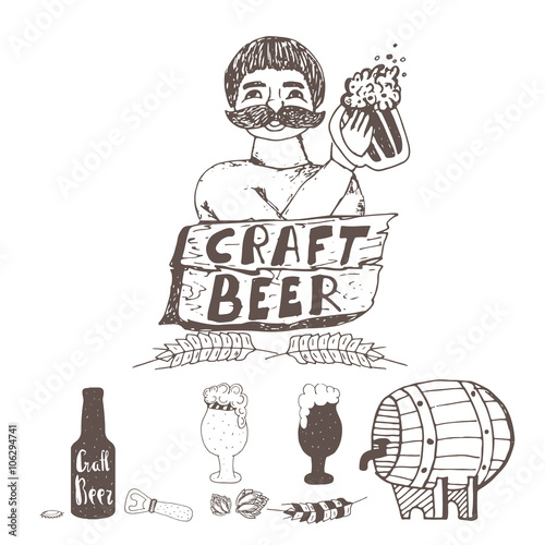 Doodle craft beer elements. Brewer with glass