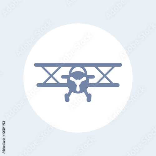 Biplane vector icon, biplane aircraft, airplane icon isolated on white, plane pictogram, vector illustration