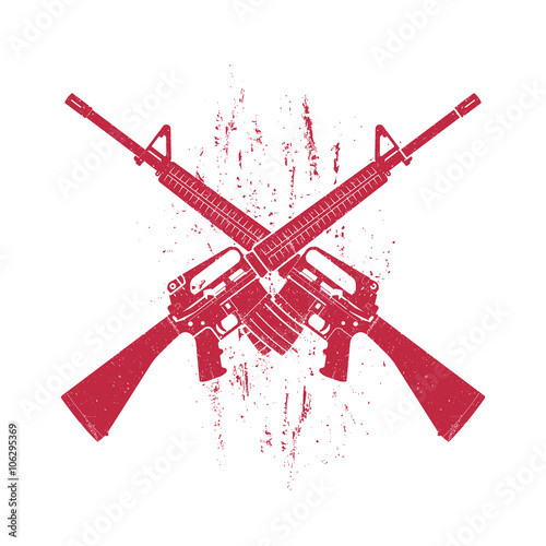 crossed assault rifles, two 5.56 mm automatic guns, red on white, vector illustration