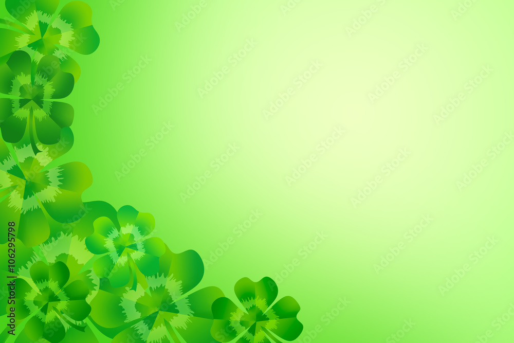 Fresh green four leaf clover / shamrock for luck creating corner border frame. Illustration for Saint Patrick's Day, suitable for greeting card as background texture. Fresh green four leaf clover / shamrock for luck creating corner border frame. Illustration for Saint Patrick's Day, suitable for greeting card as background texture.