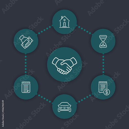 Leasing, banking, loan, lending line icons, leasing pictograms, round icons, vector illustration