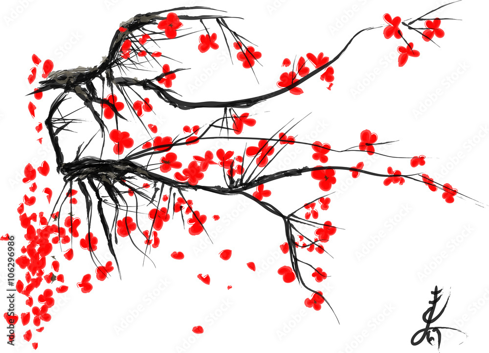 Fototapeta premium Realistic Sakura Blossom - Japanese Cherry Tree. Bloom Plum Branch Garden. Vector