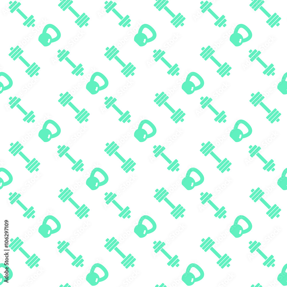 seamless pattern with fitness icons, dumbbells and kettlebell, green icons on white, fitness pattern, vector illustration seamless pattern with fitness icons, dumbbells and kettlebell, green icons on white, fitness pattern, vector illustration