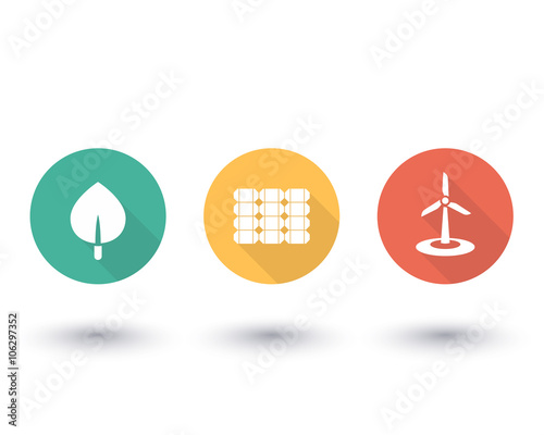 Solar, wind energetics, biofuel, alternative energy solutions, green energetics, round flat icons on white, vector illustration