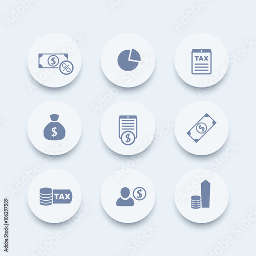 tax, finance, money, income icons, pictograms, round icons set, vector illustration
