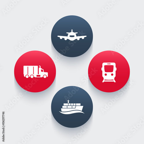 transportation industry icons, cargo train vector, air transport, cargo ship, cargo truck icon, transportation pictograms, round icons, vector illustration