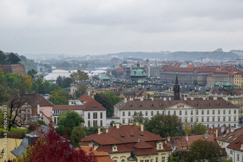 Panorama of Prague. Cityscape of old city with river Vltava