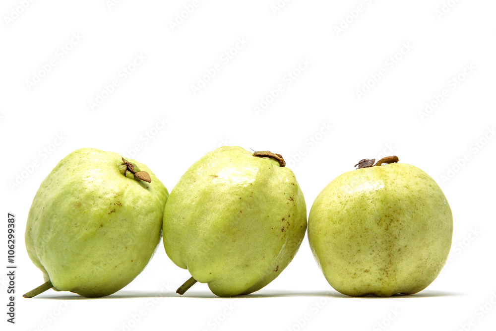 Three guava fruit isolated on white background.