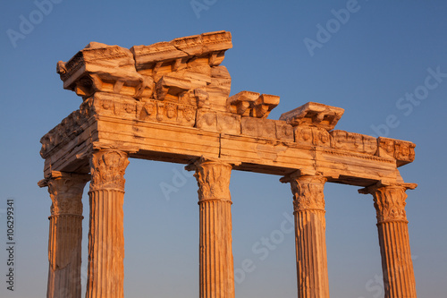 Ancient ruins of Roman Empire ( construction date about II century) at sunset. .Apollo Temple, Side, Turkey.