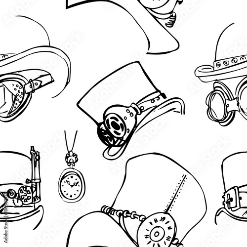 Seamless pattern with steampunk top hat, goggle glasses and pocket watch. Sketch pattern