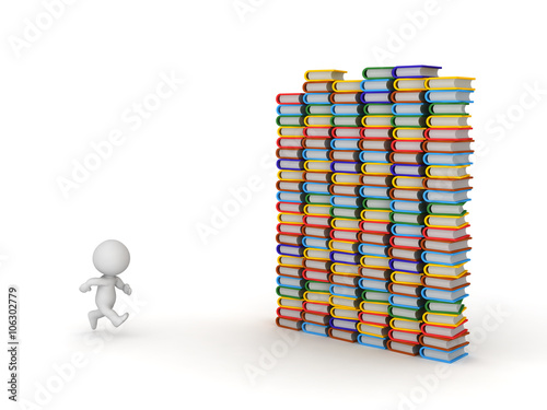 3D Character Running Toward Colorful Books