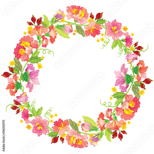 Vector illustration. Elegant spring wreath with pink flowers