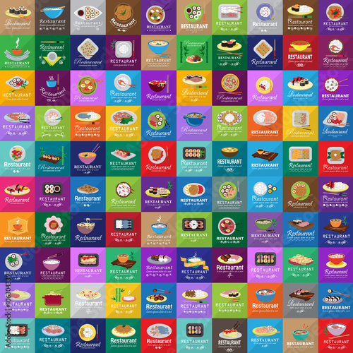 Restaurant Flat Icons Set-Isolated On Mosaic Background.Vector Illustration,Graphic Design.For Web,App,Websites,Print,Presentation Templates,Mobile Applications And Promotional Materials.Asian Concept