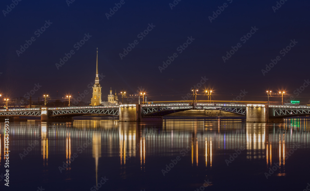 Neva river, Peter and Paul Cathedral, Palace bridge at night 