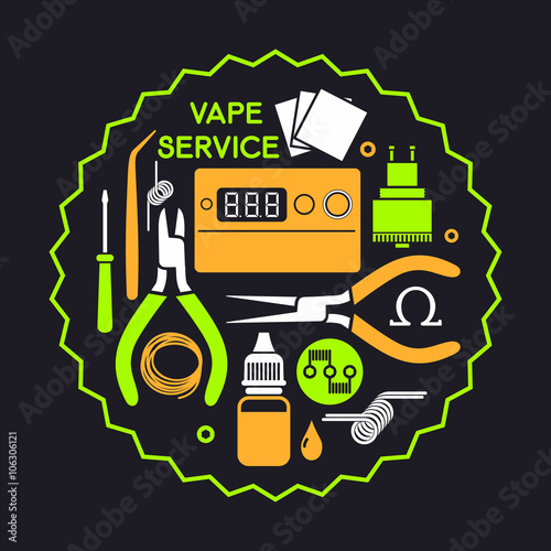 Vape service. Vector icons set Isolated on black background