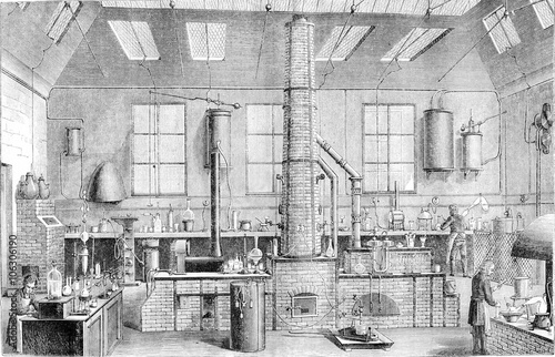 Chemistry Laboratory at the Ecole Normale in Paris, vintage engr