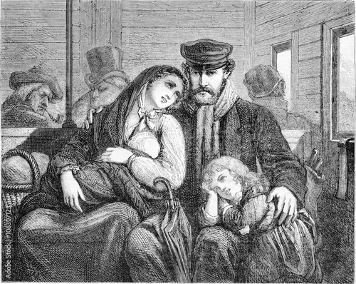 Photography Emigrants, The departure, vintage engraving.
