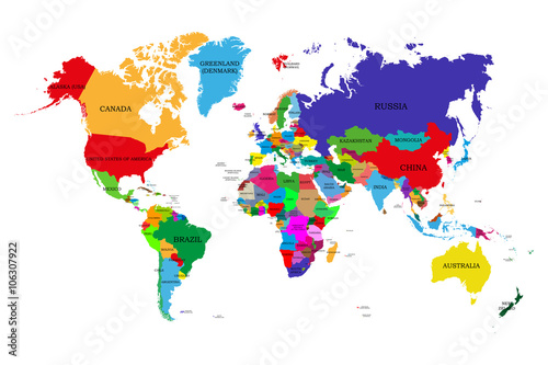 Colored political world map with names of sovereign countries and larger dependent territories. Different colors for each countries