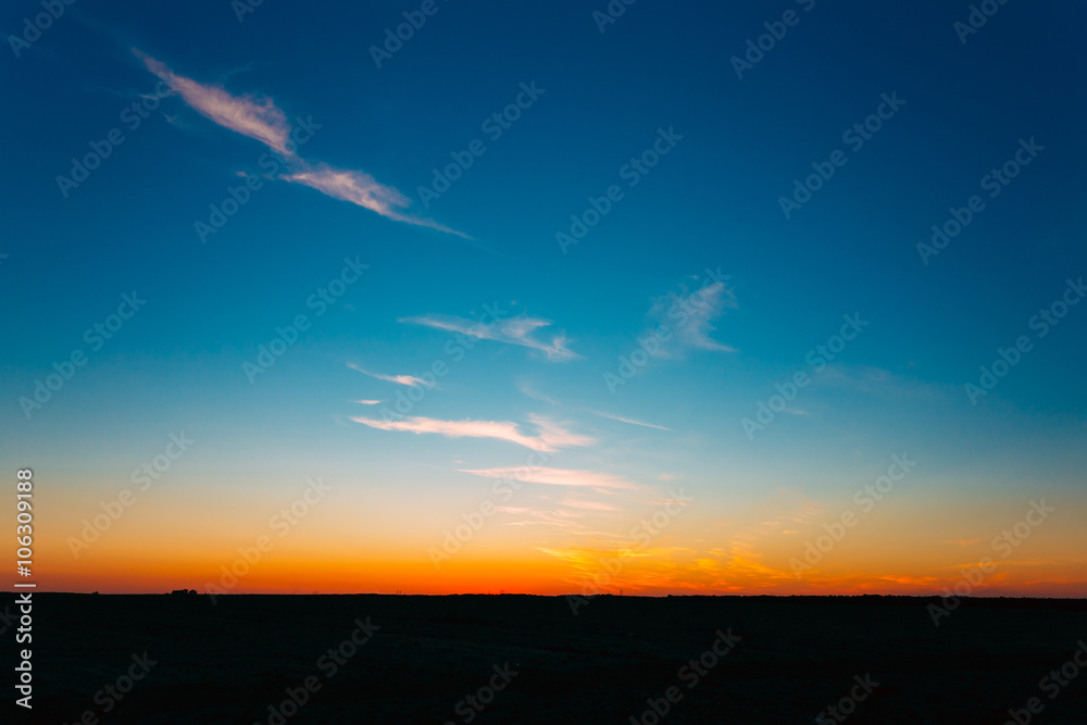Sunset, Sunrise Over Rural Countryside Field. Bright Colourful D