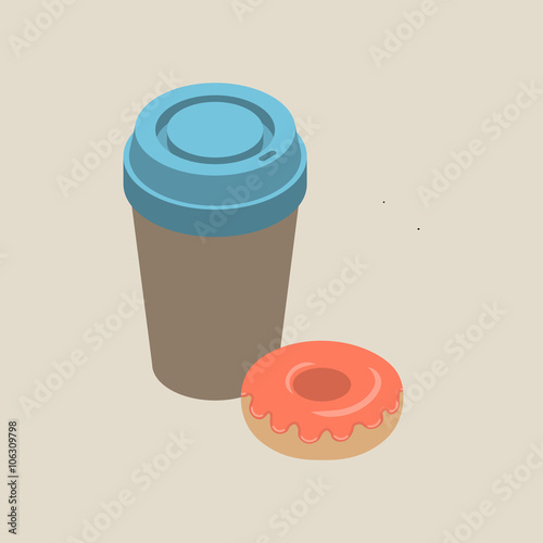 Isometric paper cup of coffee with blue cap and glazed donut isolated on beige background, vector illustration.