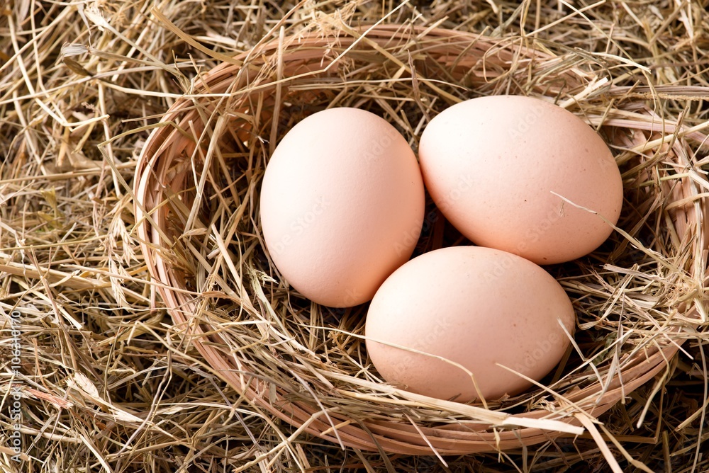 Top view on straw nest with three eggs