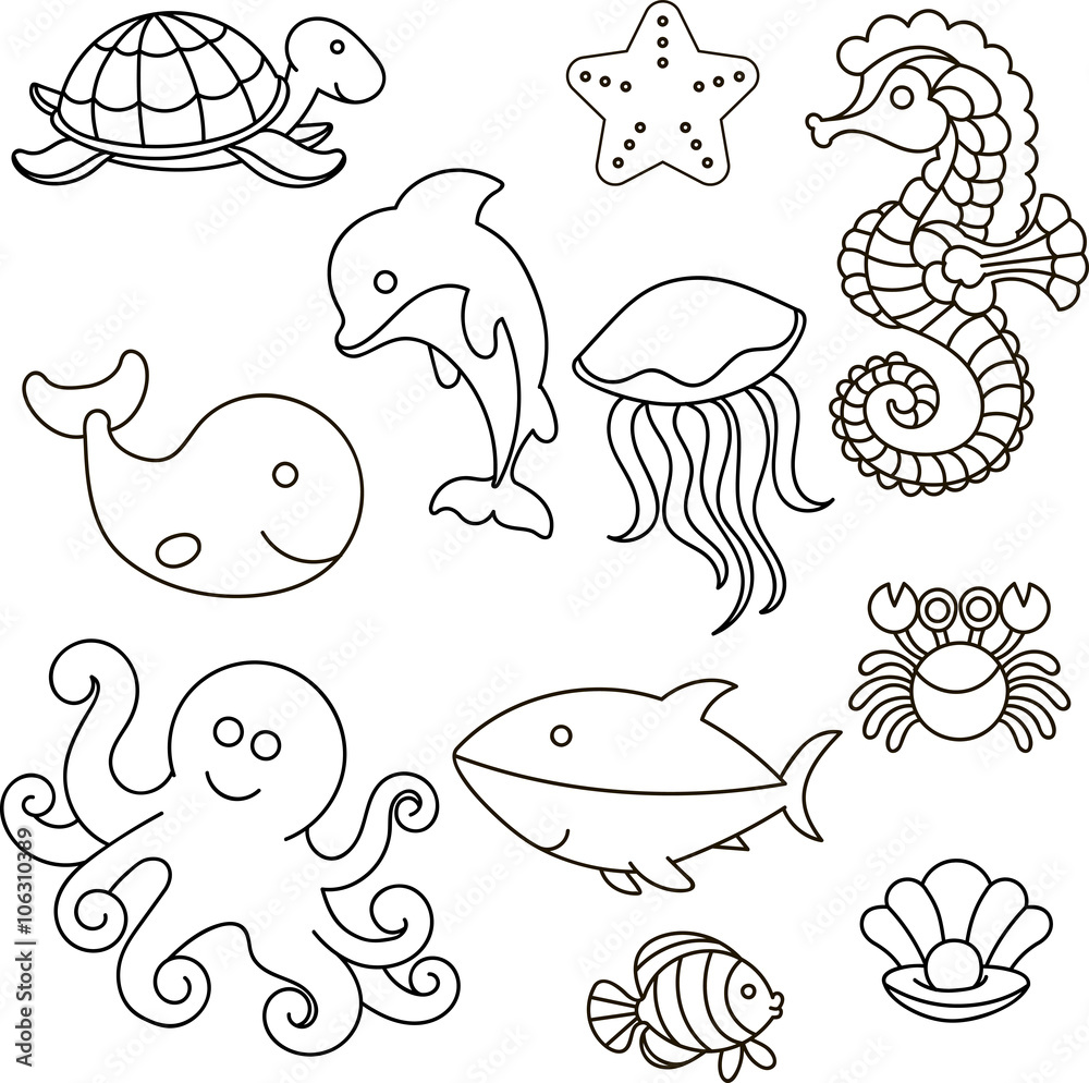 Fototapeta premium Vector illustration. Set of marine life. Outline for the painting. 