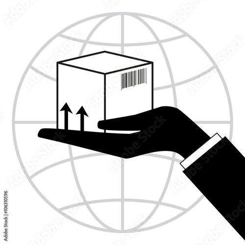 delivery of goods worldwide, hand with a box on the background of the globe