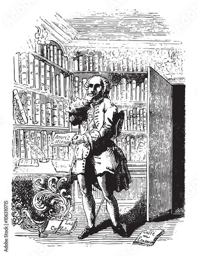 Freron in his library, vintage engraving.