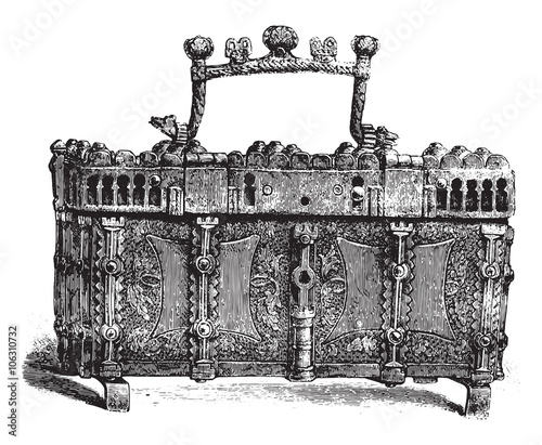 Box of the fourteenth century, iron, adorned with gilded leather