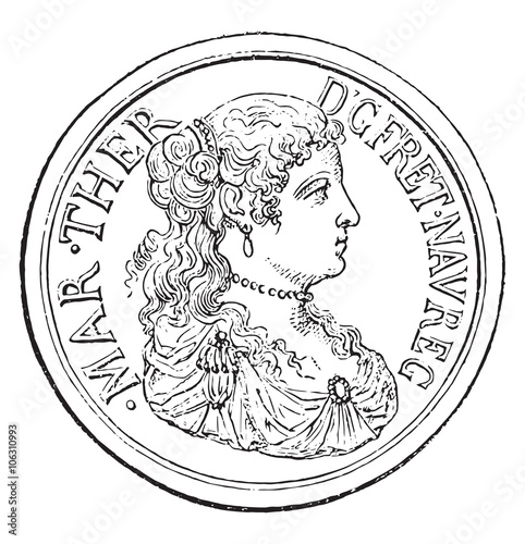 Maria Theresa, Queen of France, vintage engraving.