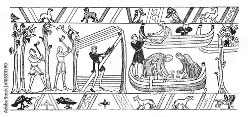 Shipwrights, eleventh century, vintage engraving.