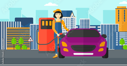 Woman filling up fuel into car.