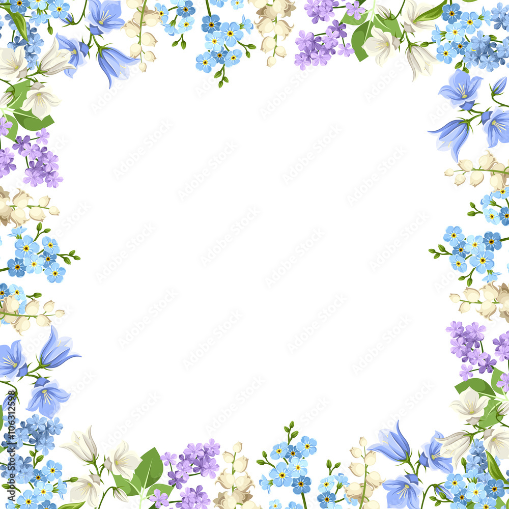 Vector background with various blue, purple and white flowers and green leaves.