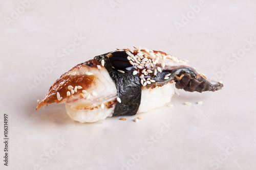sushi with eel, prepare sauce sauce-boat