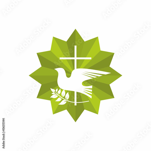 Church logo. Christian symbols. Cross, dove and olive branch.