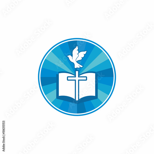 Church logo. Christian symbols. Holy bible, cross and dove.