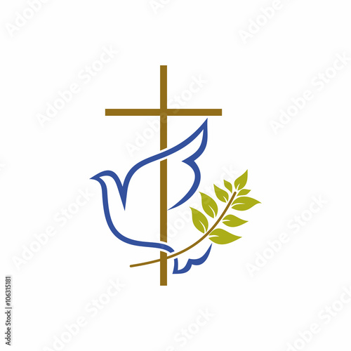 Fotografia Church logo. Christian symbols. Cross, dove and olive branch.