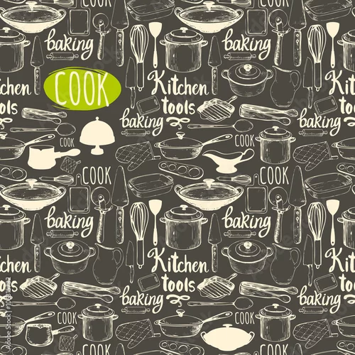 Tapety Bezszwowe tło z urządzeń kuchennych i narzędzi. Wzór menu.