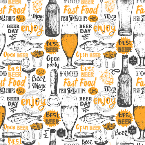 Pattern with beer, cider and snack in sketch style.
