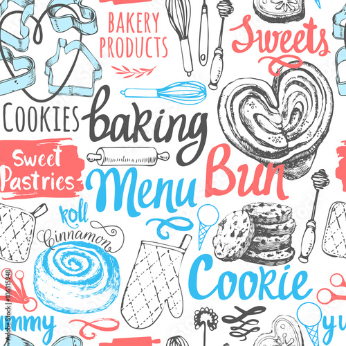 Seamless background with sweet pastries symbols.