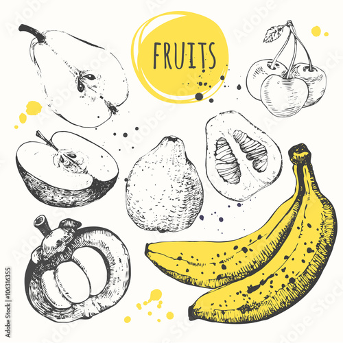 Banana, mangosteen, apple, bergamot. Hand drawn set with fresh food. 