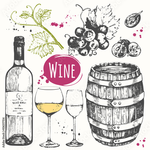 Wine set. Winemaking products in sketch style. 