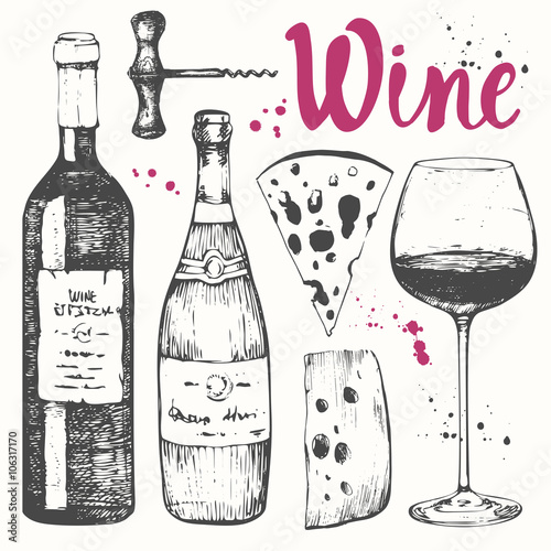 Wine set. Winemaking products in sketch style. 