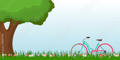 Spring landscape with a woman bike on grass and a tree