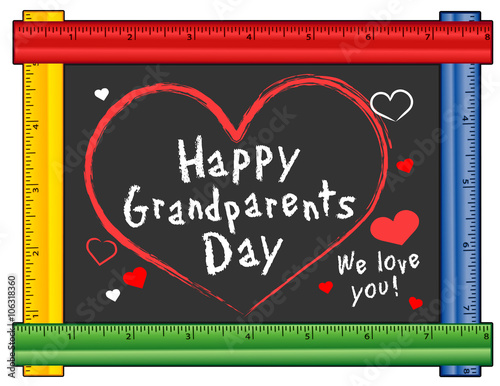 Grandparents Day, USA holiday, first Sunday of September after Labor Day, We love You! Hearts, chalk text on chalkboard, ruler frame for preschool, daycare, kindergarten, nursery, elementary school.