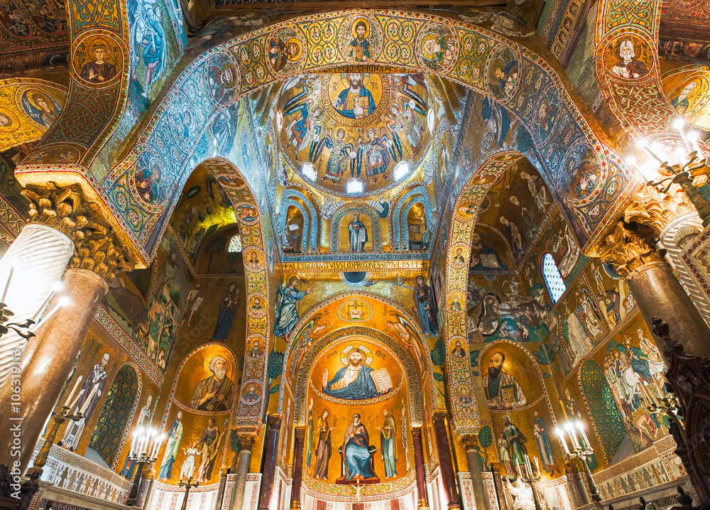 Golden mosaics in La Martorana church, Palermo, Italy