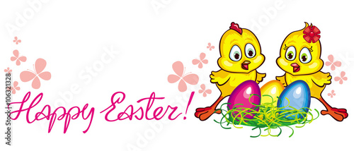 Holiday banner with cartoon chickens, Easter eggs and "Happy Easter" greeting text. Vector clip art.