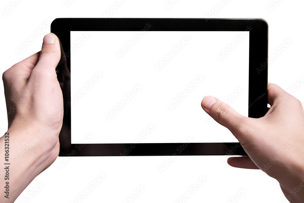 Hold black tablet on hands. Isolated on a white background Hold black tablet on hands. Isolated on a white background