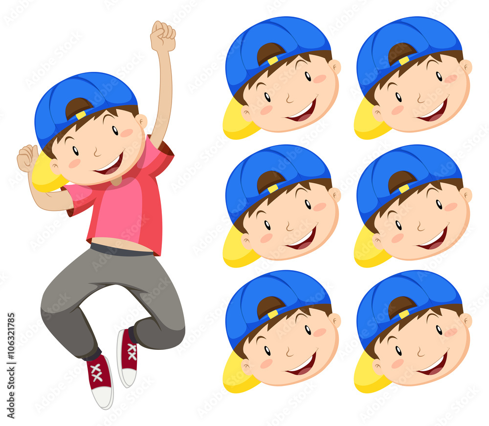 Boy with blue cap and many expression faces