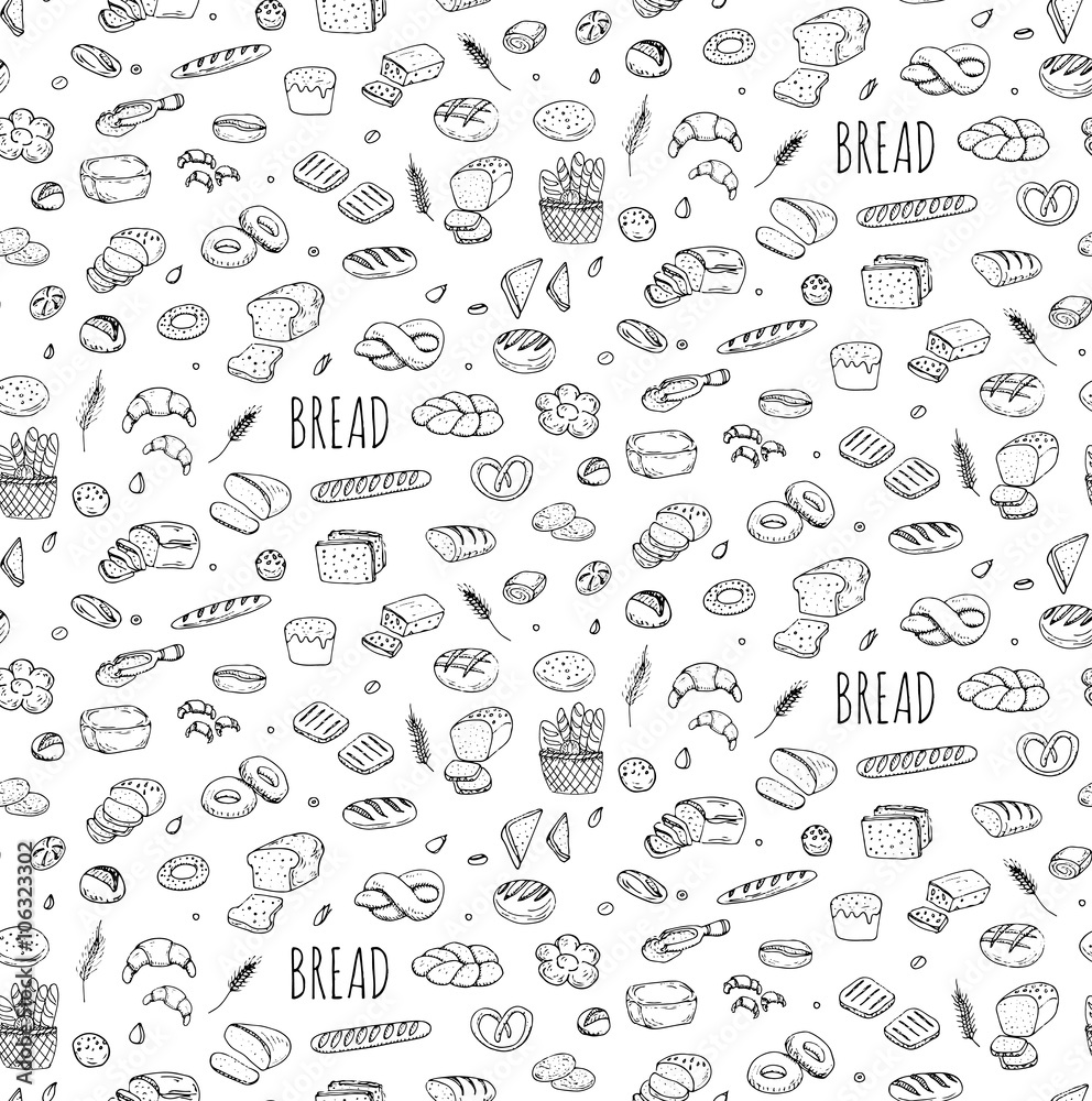 Seamless background hand drawn doodle set of cartoon food Rye bead Ciabatta Whole grain bread Bagel Sliced bead French baguette Croissant Vector illustration Sketchy bread elements collection